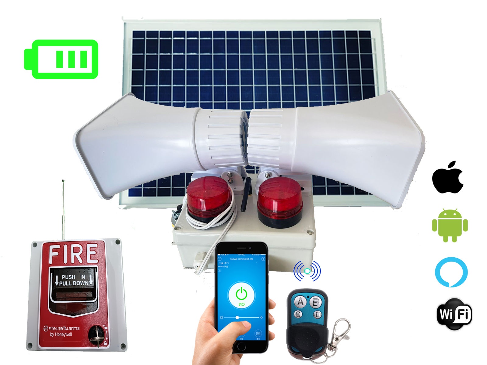 Alarma Vecinal Wifi Rf Solar Doble Sirena Boton Fire 300m