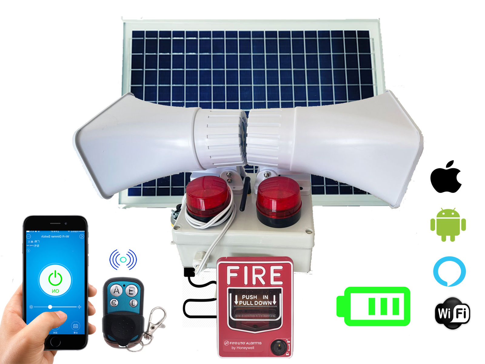 Alarma Vecinal Wifi Rf Solar Doble Sirena Boton Fire App Ios
